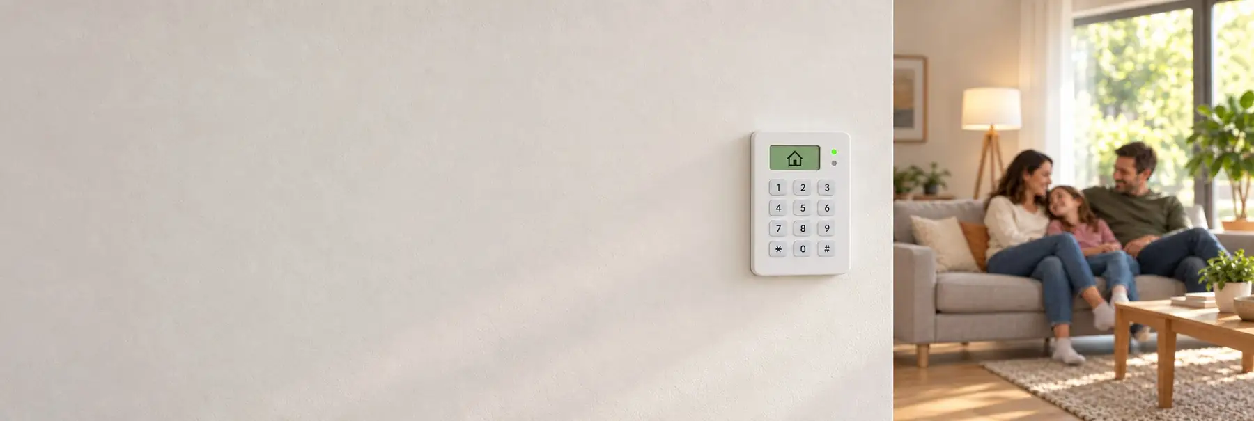 Teclado de alarma en la pared del hall y una familia en el living
